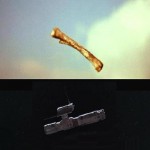 Two frames from 2001: A Space Odyssey showing a flying bone and a satellite in space