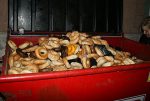 Unsold bagels in the trash behind a bagel shop