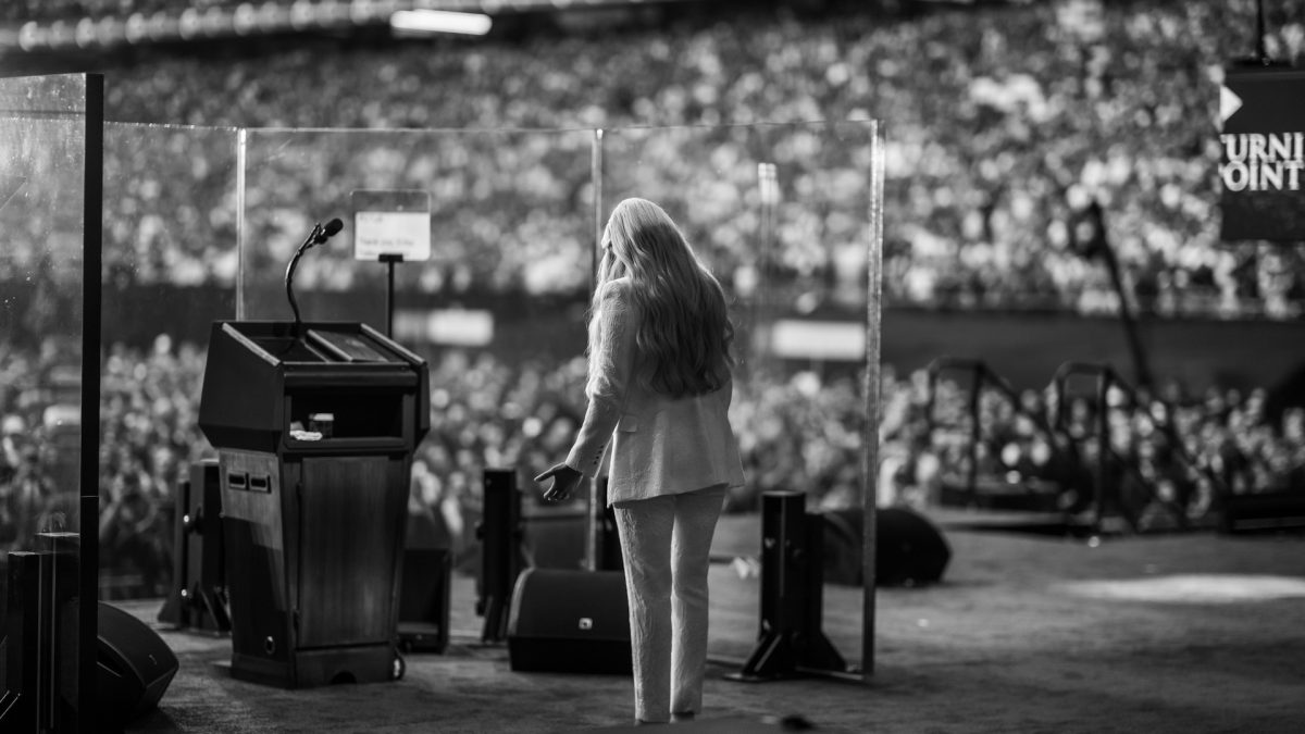 Erika Kirk approaches the lectern at Charlie Kirk's memorial Sept. 21, 2025, in Glendale, Arizona. White House photo