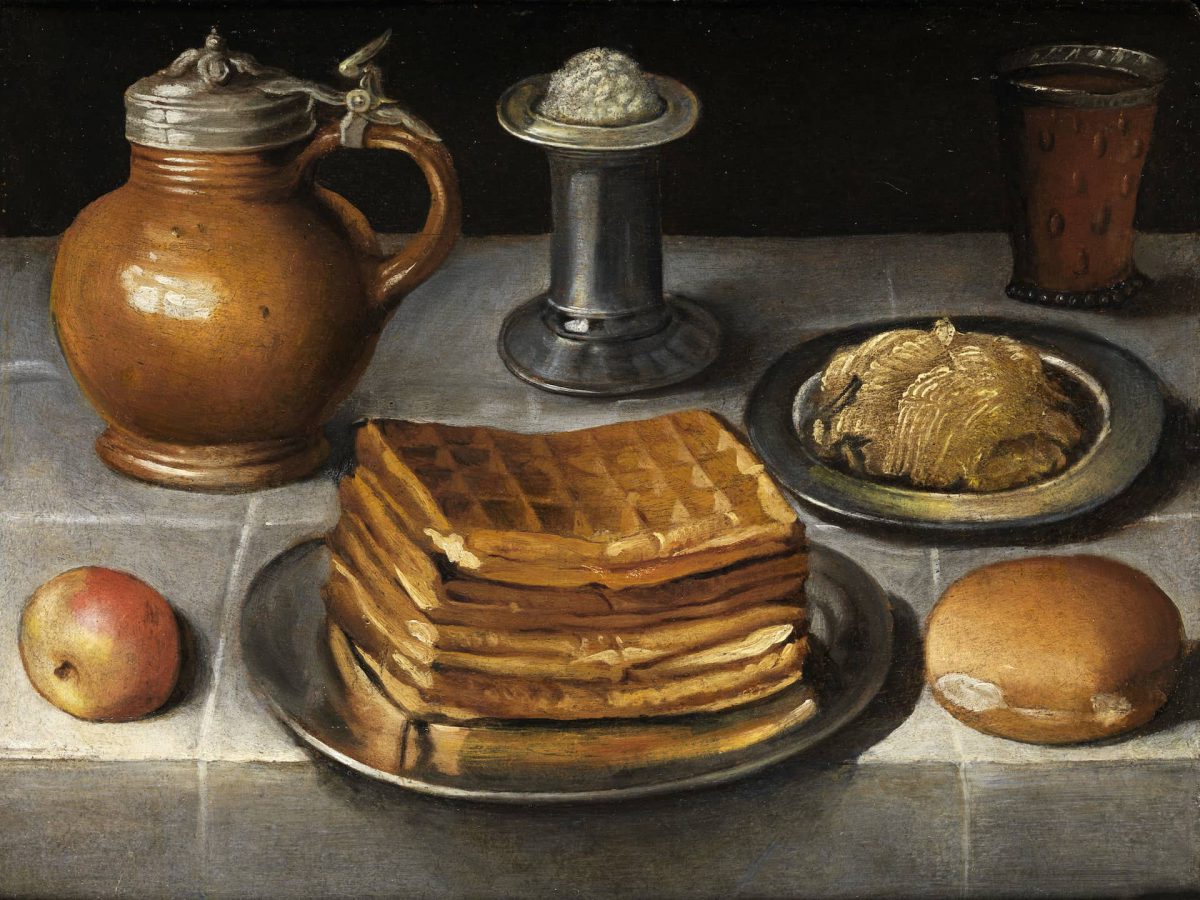 "Still Life with Pewter Plates, Stone Jug and Waffles" by Georg Flegel, early 1600s (public domain, Wikimedia Commons)