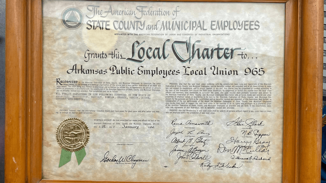 The 1966 AFSCME charter for Local 965, then the Arkansas Public Employees Union (APEU)
