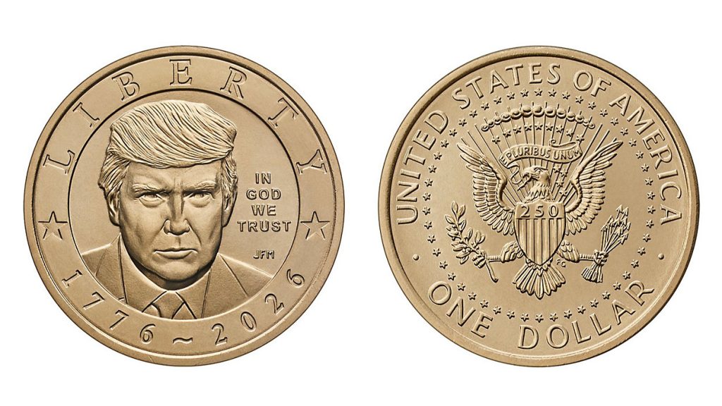 The obverse and reverse sides of the 2026 Trump dollar coin.