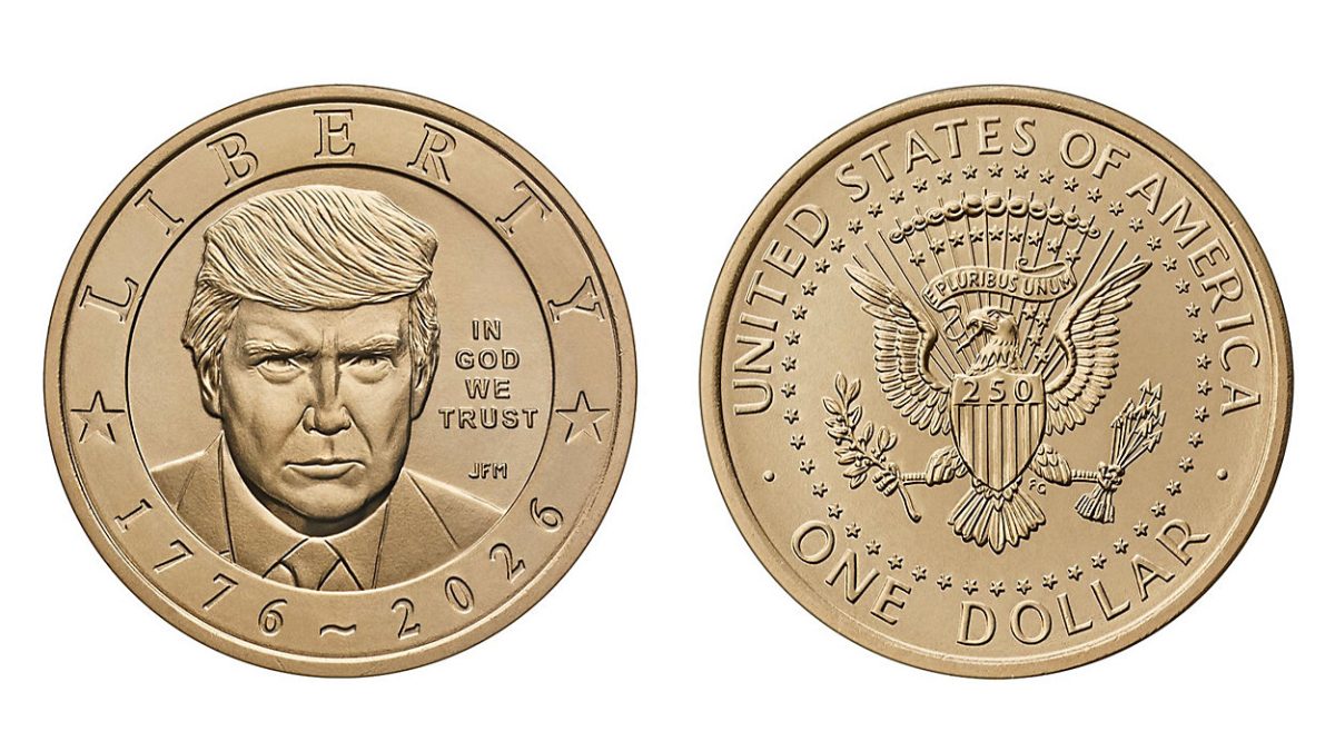 The obverse and reverse sides of the 2026 Trump dollar coin.