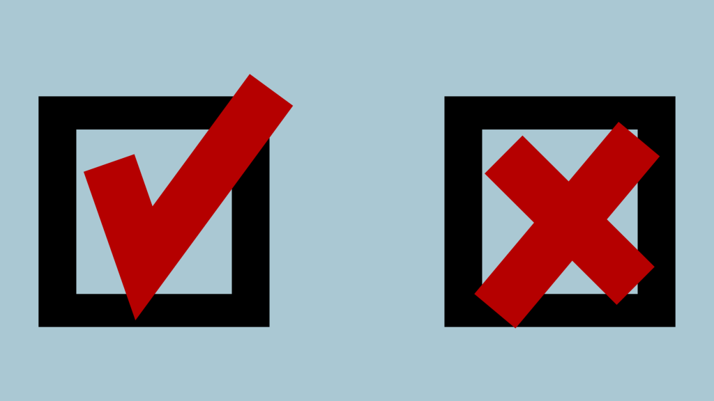 Graphic showing a paper ballot with a check in one box and an x in a second box