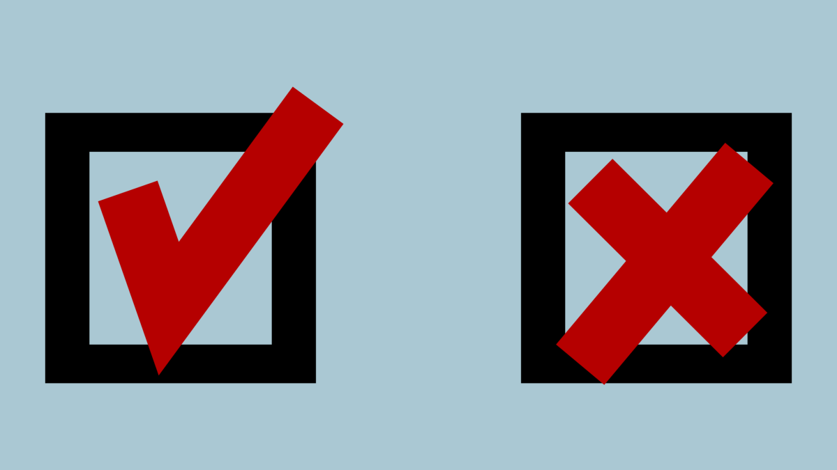 Graphic showing a paper ballot with a check in one box and an x in a second box
