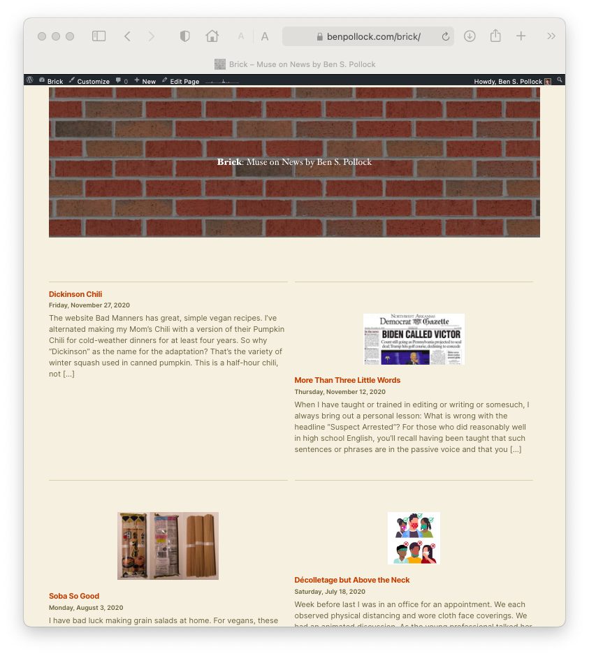 Screenshot of the top of Brick benpollock.com/brick after Nov. 29, 2020, on the Twenty Twenty WordPress theme
