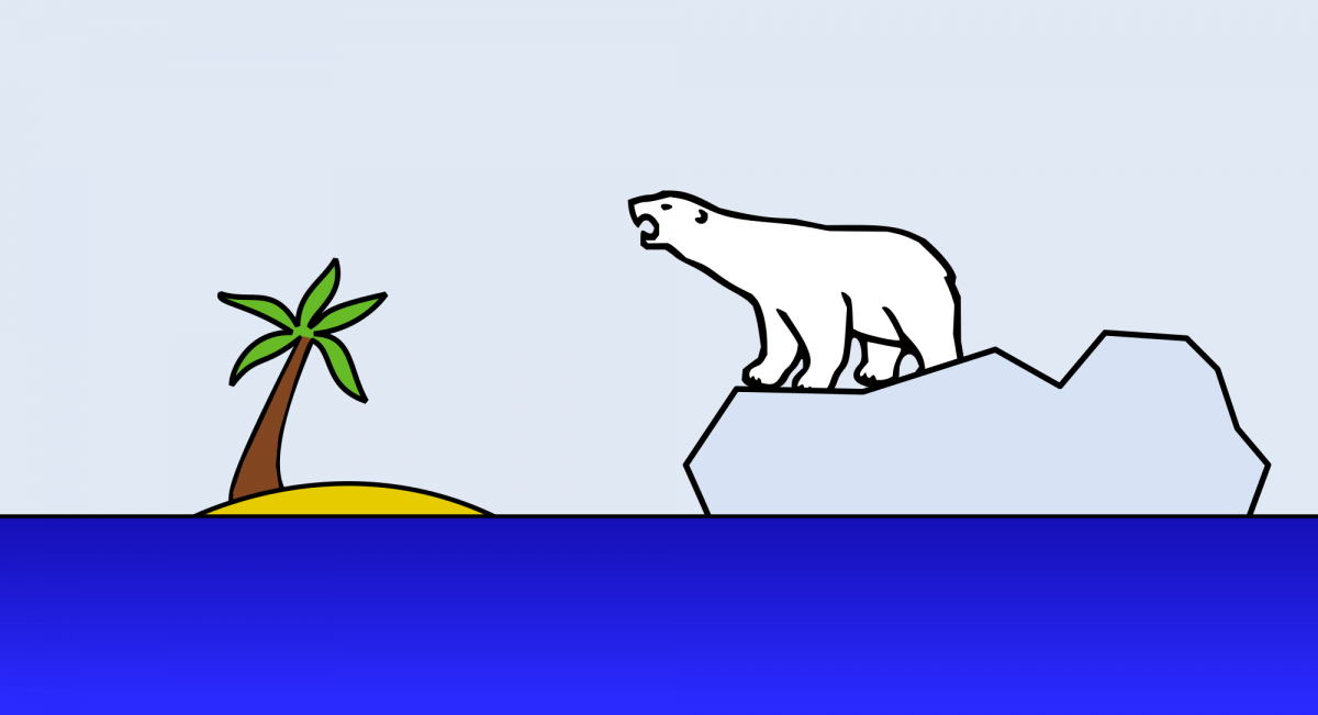 Illustration of polar on iceberg nearing desert island